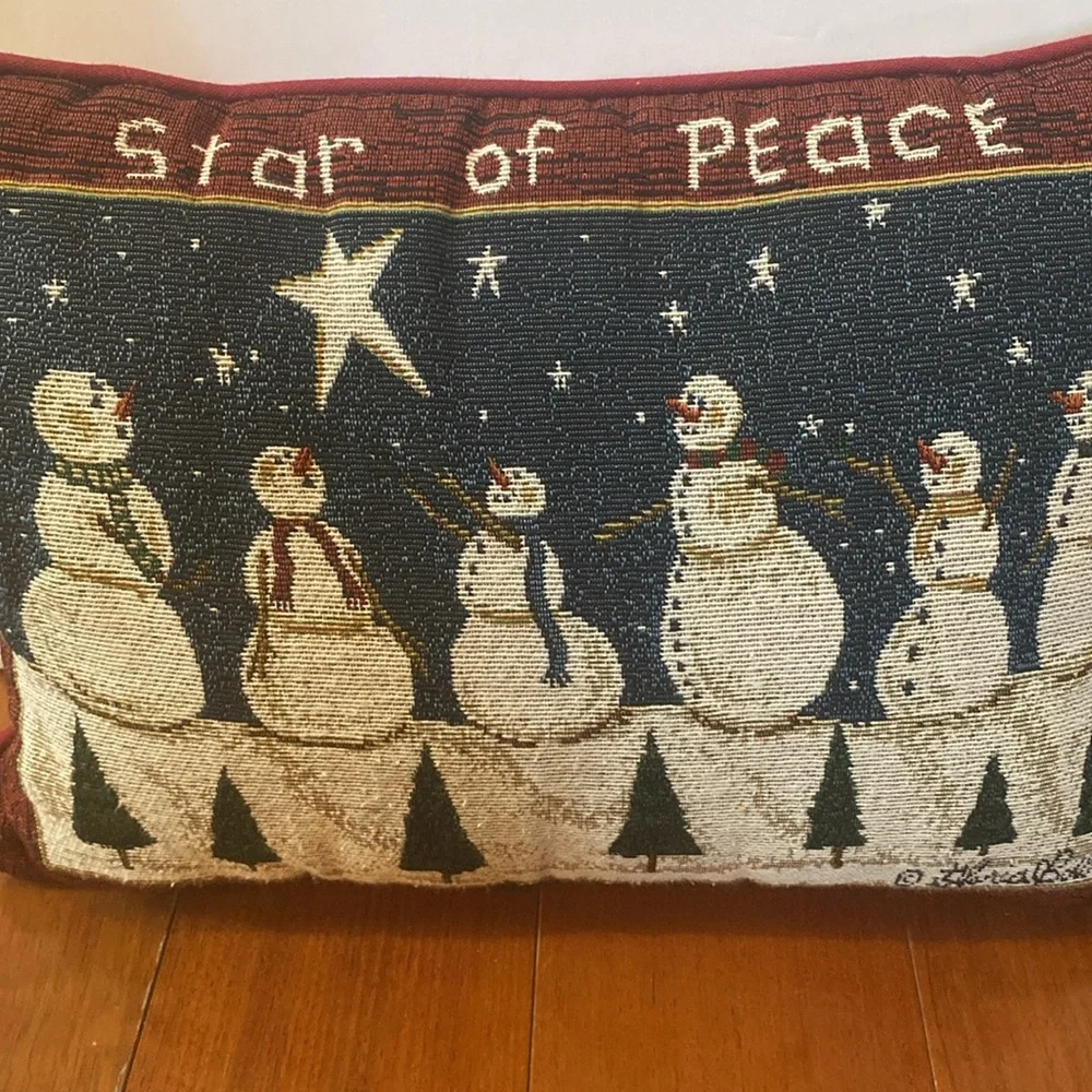 Gloria Bowler Riverdale tapestry Star of Peace Snowman Christmas throw pillow